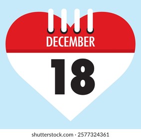 18 December calendar icon red heart shape on light sky blue color background, calendar vector symbol for the month of December.