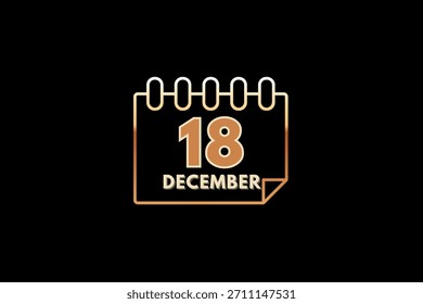 Diseño web mensual de la página de texto del ícono del calendario del 18 de diciembre sobre el Vector, el ícono o la ilustración del fondo del oro, negro y marrón con el mes del 18 de diciembre