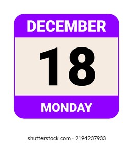 18 December, Monday. Date template. Useful design for calendar or event promotion. Vector illustration EPS 10 File.  