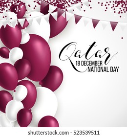 18 December Qatar happy national day background with waving flag, balloon, confetti with national colors. Maroon, white. Template design layout for card, banner, poster, flyer, card. Independence day