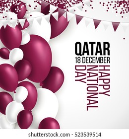 18 December Qatar happy national day background with waving flag, balloon, confetti with national colors. Maroon, white. Template design layout for card, banner, poster, flyer, card. Independence day