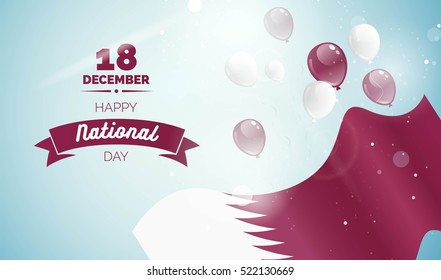 18 December. Qatar Independence Day greeting card. Celebration background with flying balloons and waving flag. Vector illustration