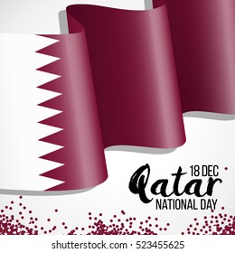 18 december Qatar national day background with waving flag, balloon, confetti with national colors. Maroon, white. Template design layout for card, banner, poster, flyer, card. Happy independence day.