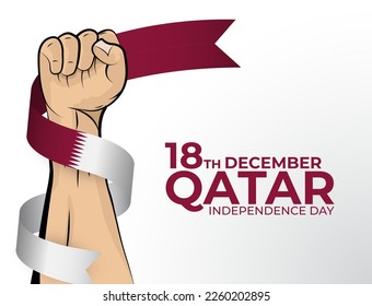 18 December. Vector illustration of Happy Independence Day greeting card for the country of Qatar with clenched fists and a flag ribbon. Use for banners on a white background.