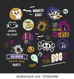18 different Happy Halloween stickers, badges, icons. Treat or Trick decoration.
