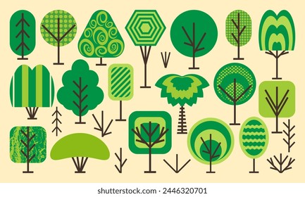 18 different stylized trees and 7 bushes in a minimalist style. Set of vector images