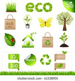 18 Elementos E Iconos De Diseño Ecológico, Aislados En Fondo Blanco, Ilustración Vectorial