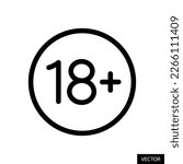18+, eighteen plus age limit warning, adults only symbol, adult content sign vector icon in line style design for website, app, UI, isolated on white background. Editable stroke. EPS 10 file format.