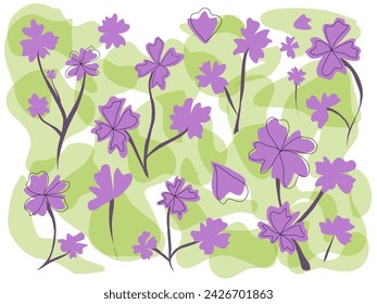 18 February 2024, Illustration vector design of simple pattern template floral with abstrack purple flower on green background - Illustration vector by nurdal 