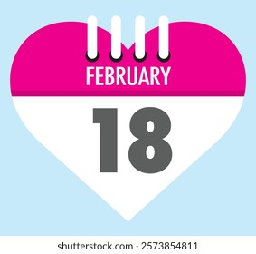 18 February calendar icon heart shape on light sky blue color background, calendar vector symbol for the month of February.