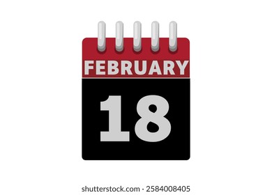 18 February calendar icon text page monthly web design on red, black and white background vector, icon, or illustration with the month of February 18