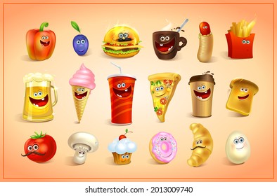 18 Funny Cartoon Food Icons Set - Sweets, Drinks And Fast Food Characters Symbols With Cute Faces