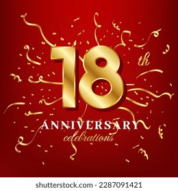 18 golden numbers and anniversary celebrating text with golden confetti spread on a red background