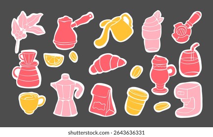 18 hand-drawn coffee stickers. Set of abstract coffee stickers for design