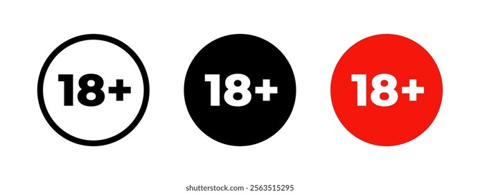 18 icon. Adult content symbol. Eighteen plus only age warning circle. Parental advisory symbol. Under 18 forbidden sign. 18 only prohibition round pictogram vector illustration.