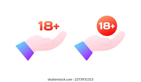 18+ icon in hand. Flat, red, 18+ icons, human hand. Vector icons
