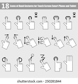 18 Icons of hand gestures for touch screen smart phone and tablet