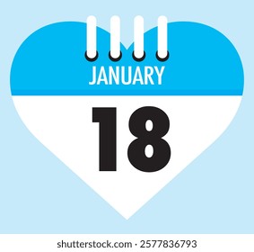 18 January calendar icon sky blue heart shape on light sky blue color background, calendar vector symbol for the month of January.