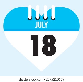 18 July calendar icon sky blue heart shape on light sky blue color background, calendar vector symbol for the month of July.