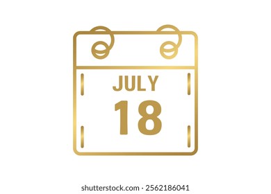 18 July calendar icon text page monthly web design on golden and white background vector, icon, or illustration with the month of July 18