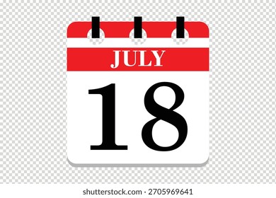 18 July Calendar icon vector, 18 dates of July month calendar icon, dates of July 18 icon calendar, vector calendar icon.