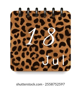 18 July. Leopard print calendar daily icon. White letters. Date day week Sunday, Monday, Tuesday, Wednesday, Thursday, Friday, Saturday.