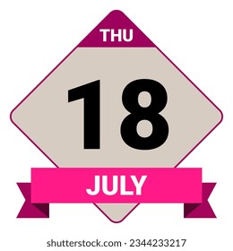 18. Juli, Donnerstag. Datumsvorlage. Nützliches Design für Kalender- oder Veranstaltungswerbung. EPS10 Datei, Vektorgrafik. Einzeln auf weißem Hintergrund. 
