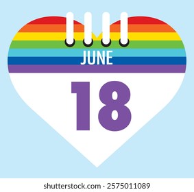 18 June calendar icon pride color heart shape on light sky blue color background, calendar vector symbol for the month of  June.