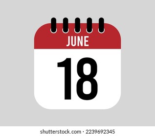 18 June calendar icon. Red calendar page vector for June days and weeks