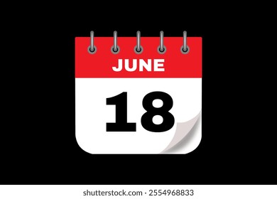 18 June calendar icon text page monthly web design on red, white and black background vector, icon, or illustration with the month of June 18