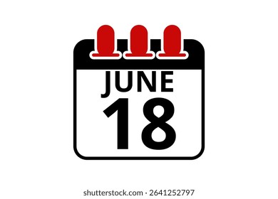 18 June calendar icon text page monthly web design on red, black and white background vector, icon, or illustration with the month of June 18