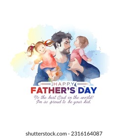 18 June, Father's Day concept design. Happy Father playing with kids. Vector illustration.