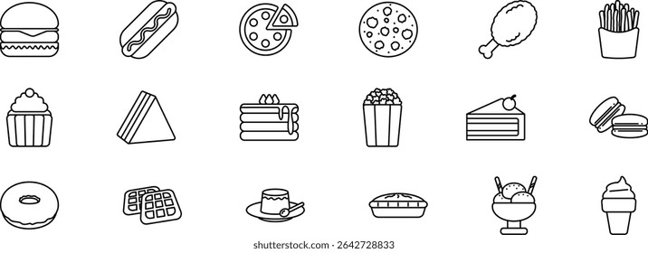18 Line Icons of Fast Food and Desserts Collection