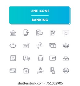 18. Line icons set. Banking pack. Vector illustration for save and transfer money 