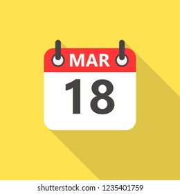 18 march calendar flat style icon with long shadow.