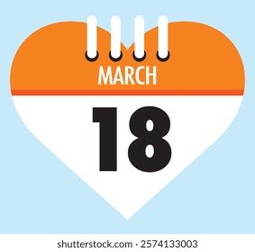 18 March calendar icon orange heart shape on light sky blue color background, calendar vector symbol for the month of March.