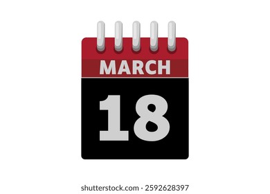 18 March calendar icon text page monthly web design on red, black and white background vector, icon, or illustration with the month of March 18