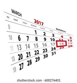 18 March highlighted on calendar 2017. Week starts from Monday. Vector Illustration.