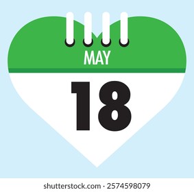 18 May calendar icon green heart shape on light sky blue color background, calendar vector symbol for the month of May.