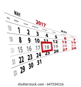 18 May highlighted on calendar 2017. Week starts from Monday. Vector Illustration.