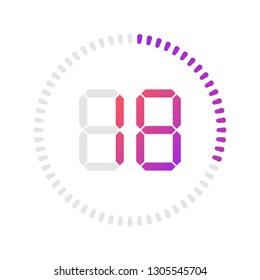 The 18 minutes, stopwatch vector icon, digital timer. Vector digital count down circle board with circle time pie diagram. Watch outline style design, designed for web and app.