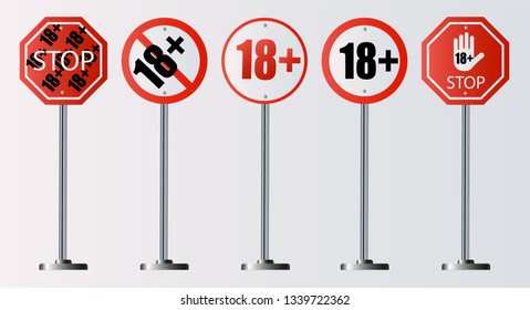 Up to 18 not allowed sign older than 18. Number eighteen in red crossed out circle, polygon. pictogram isolated on white. Vector illustration 10 eps.