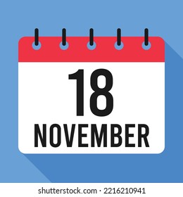 Calendario del 18 de noviembre. Fondo Azul. Calendario de vectores.