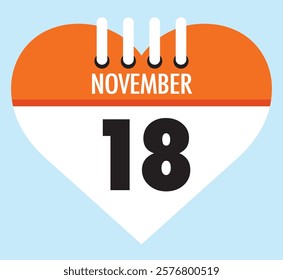 18 November calendar icon orange heart shape on light sky blue color background, calendar vector symbol for the month of November.