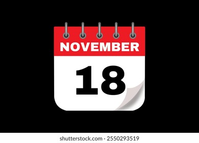 18 November calendar icon text page monthly web design on red, white and black background vector, icon, or illustration with the month of November 18