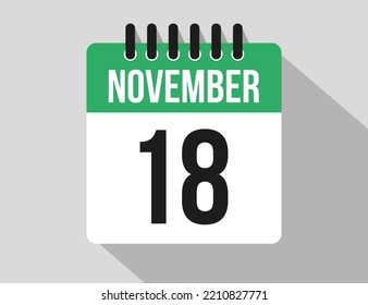 18 November calendar vector icon. Green November date for the days of the month and week