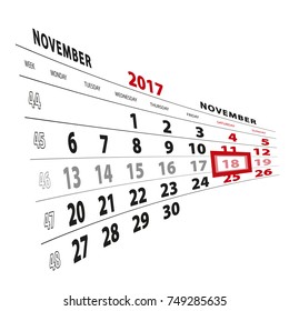 18 November highlighted on calendar 2017. Week starts from Monday. Vector Illustration.