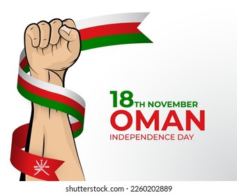 18 November. Vector illustration of Happy Independence Day greeting card for the country of Oman with clenched fists and a flag ribbon. Use for banners on a white background.