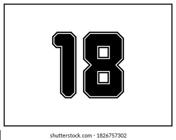 18 number classic american, college style font. Uniform letter in black with a black outside contour line. Vintage sport font.For jersey, t-shirt, basketball, baseball, football. Isolated vector