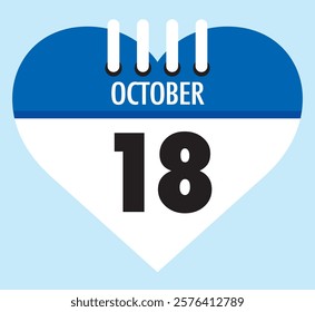 18 October calendar icon blue heart shape on light sky blue color background, calendar vector symbol for the month of October.